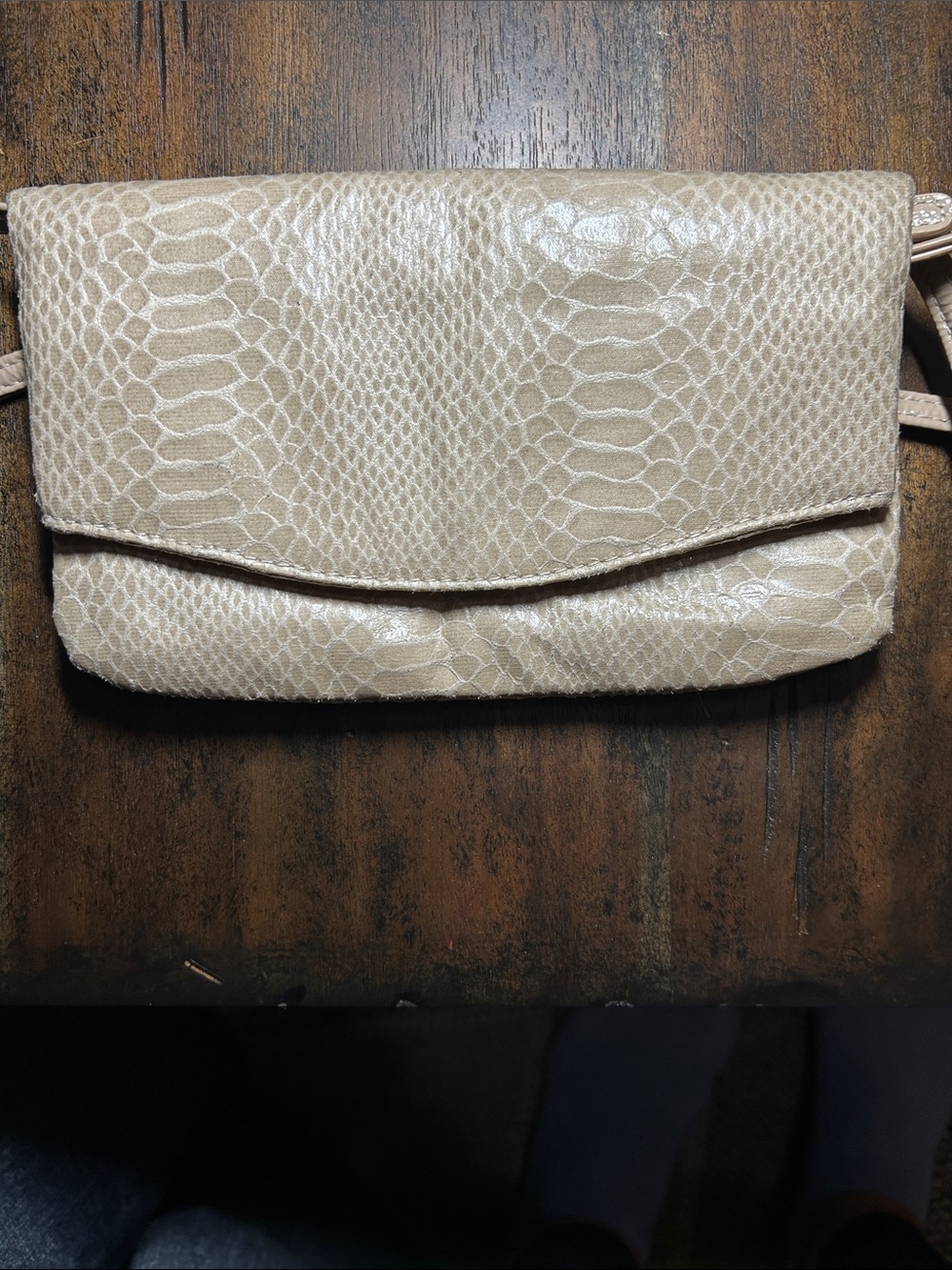 Cream Faux-Snakeskin Envelope Clutch with Crossbody Strap